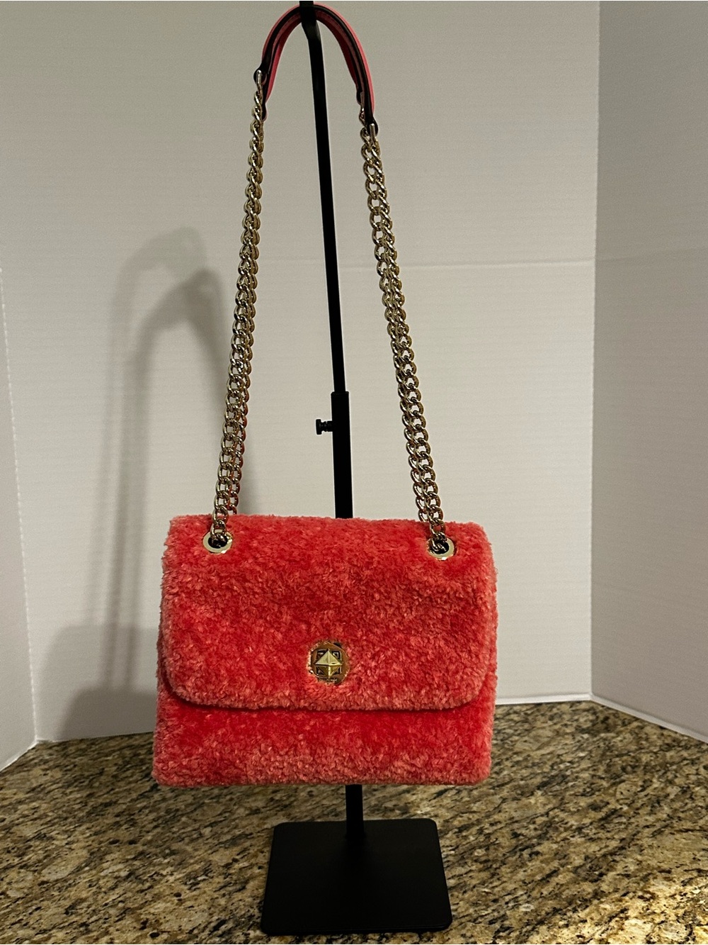 Kate Spade Natalia faux fur small flap shoulder bag in pink and silver